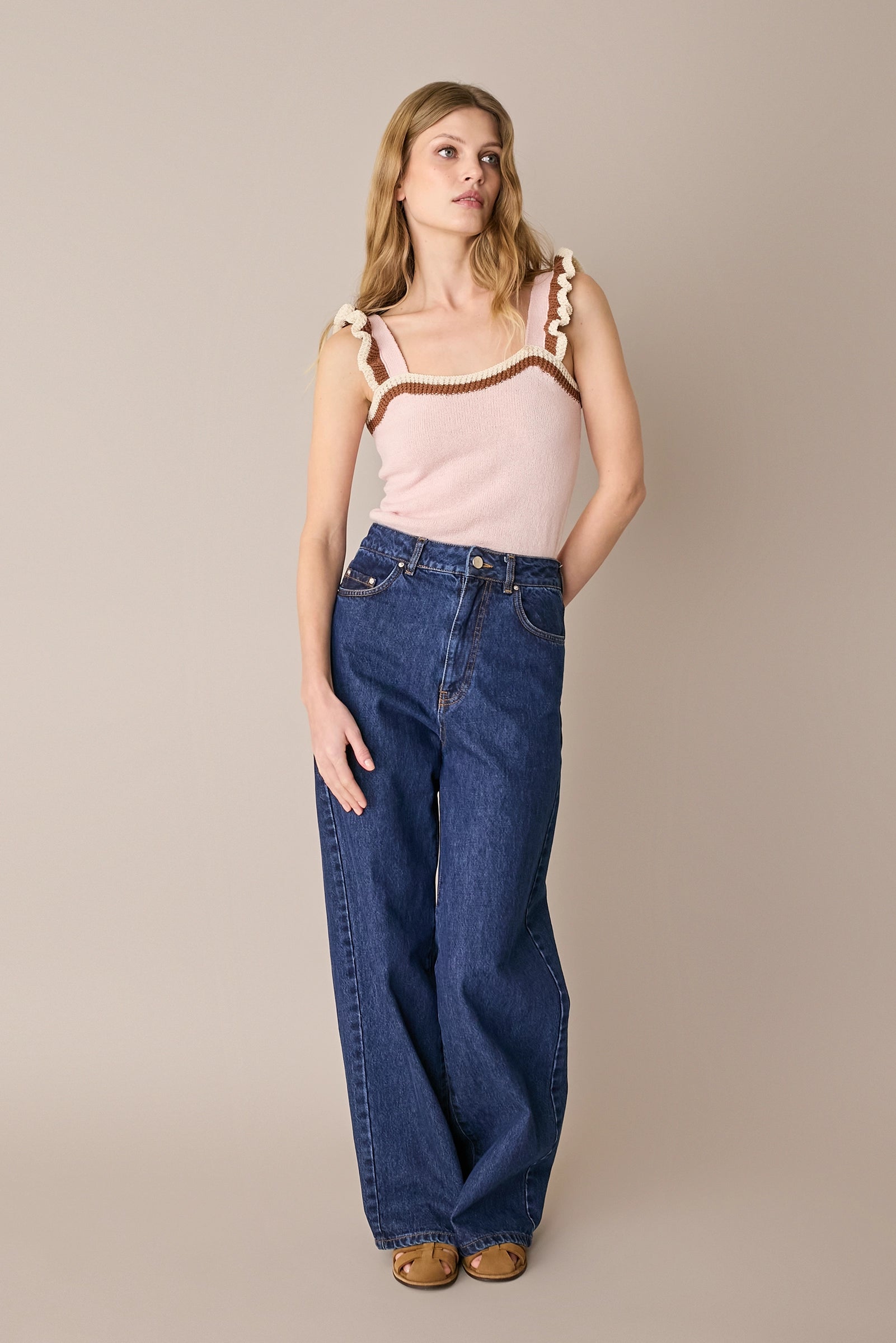 Knit top with ruffle straps