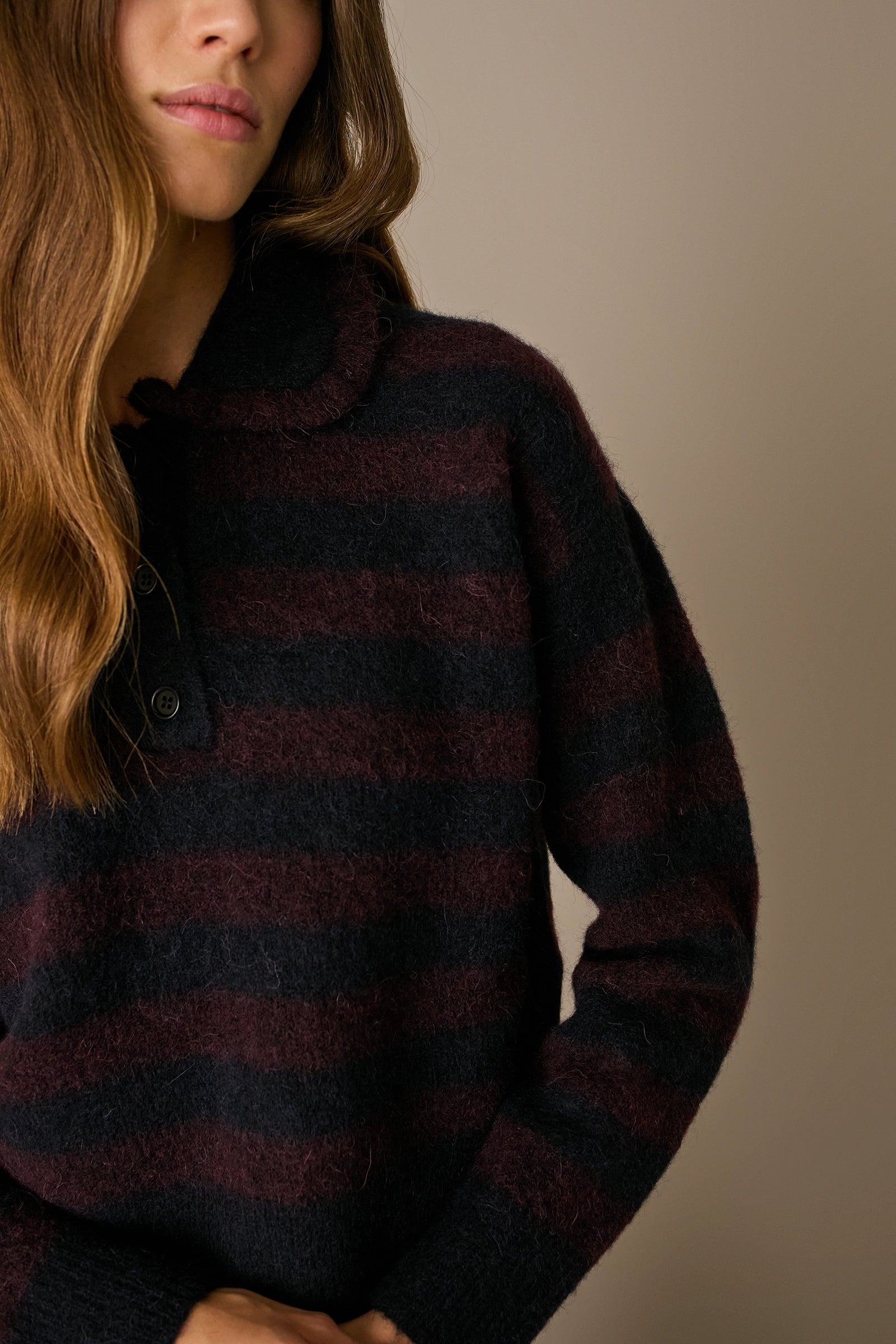 Striped polo jumper with ruffled collar