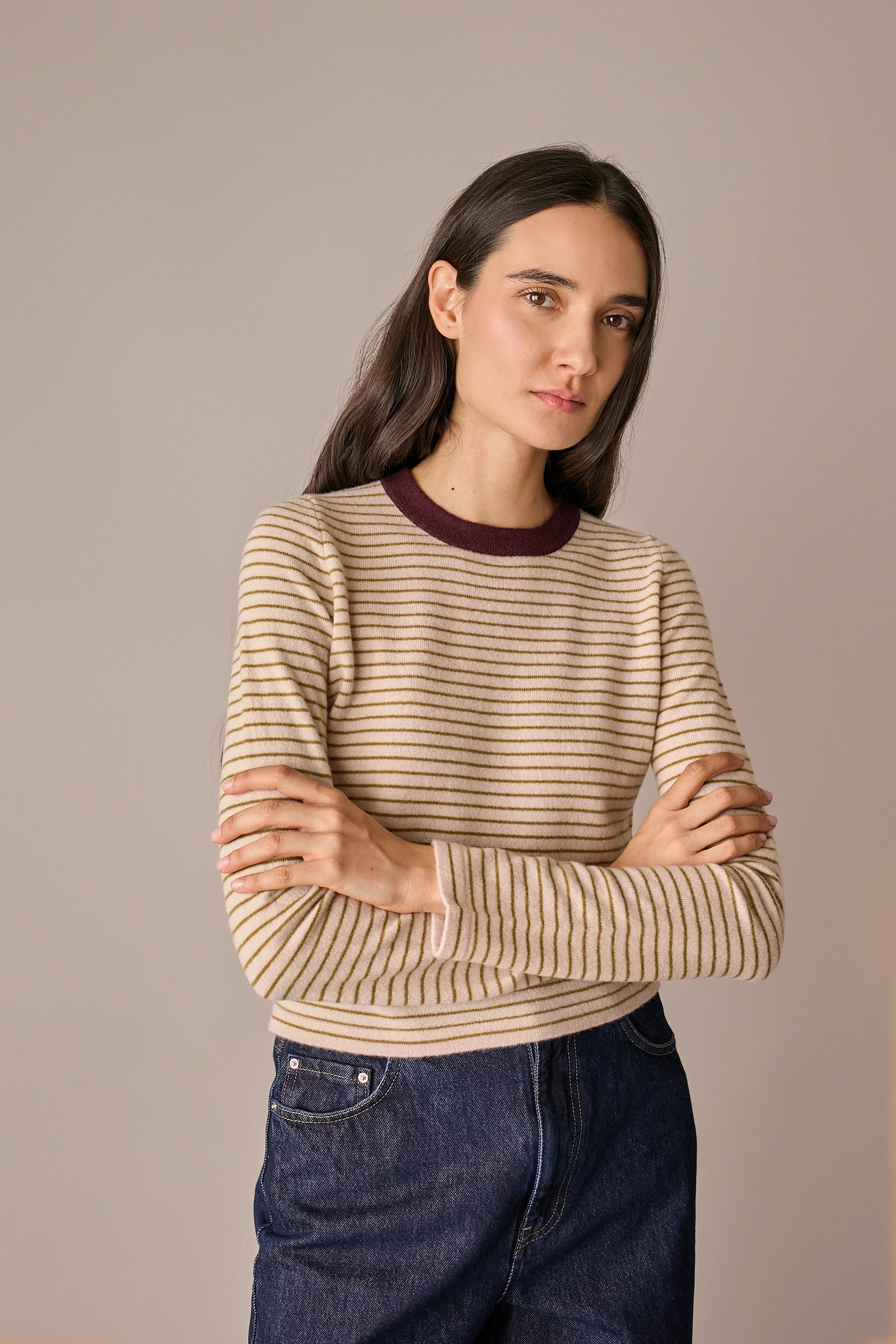 maglia cropped a righe in lana e cashmere, modello cropped, fluo - panna