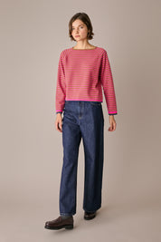 maglia a righe in lana e cashmere, maniche raglan, righe bianco e blu