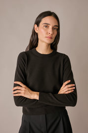 maglia girocollo in lana e cashmere blu navy, made in italy