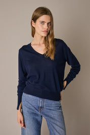 Maglia in lana e seta con scollo a V notte, scollo a V