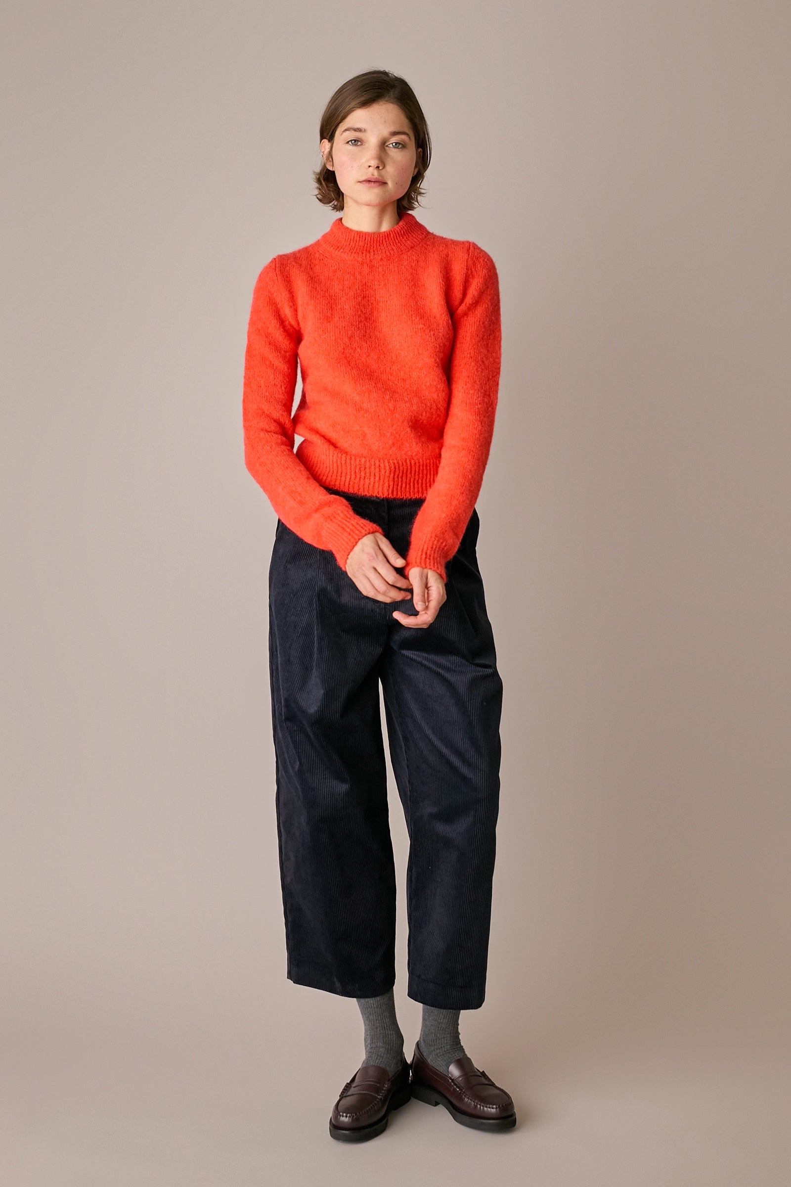 maglia collo a vulcano in alpaca e mohair, collo a vulcano, arancio