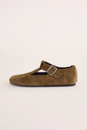 scarpe t-bar con suola in gomma camoscio tabacco, pelle scamosciata