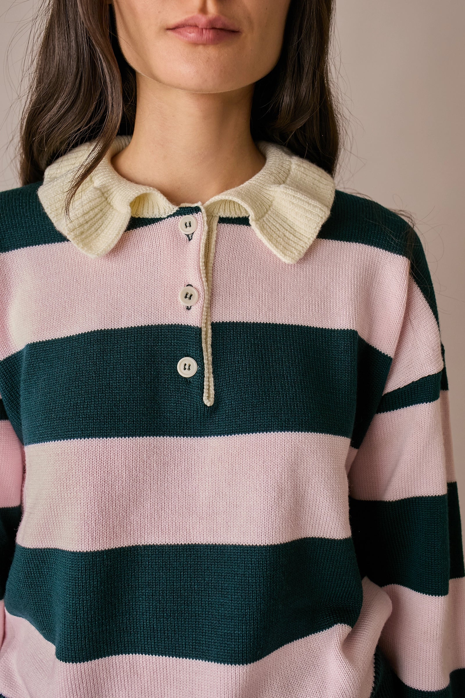 polo rugby il lana con colletto ondulato rosa - verde, colletto a polo