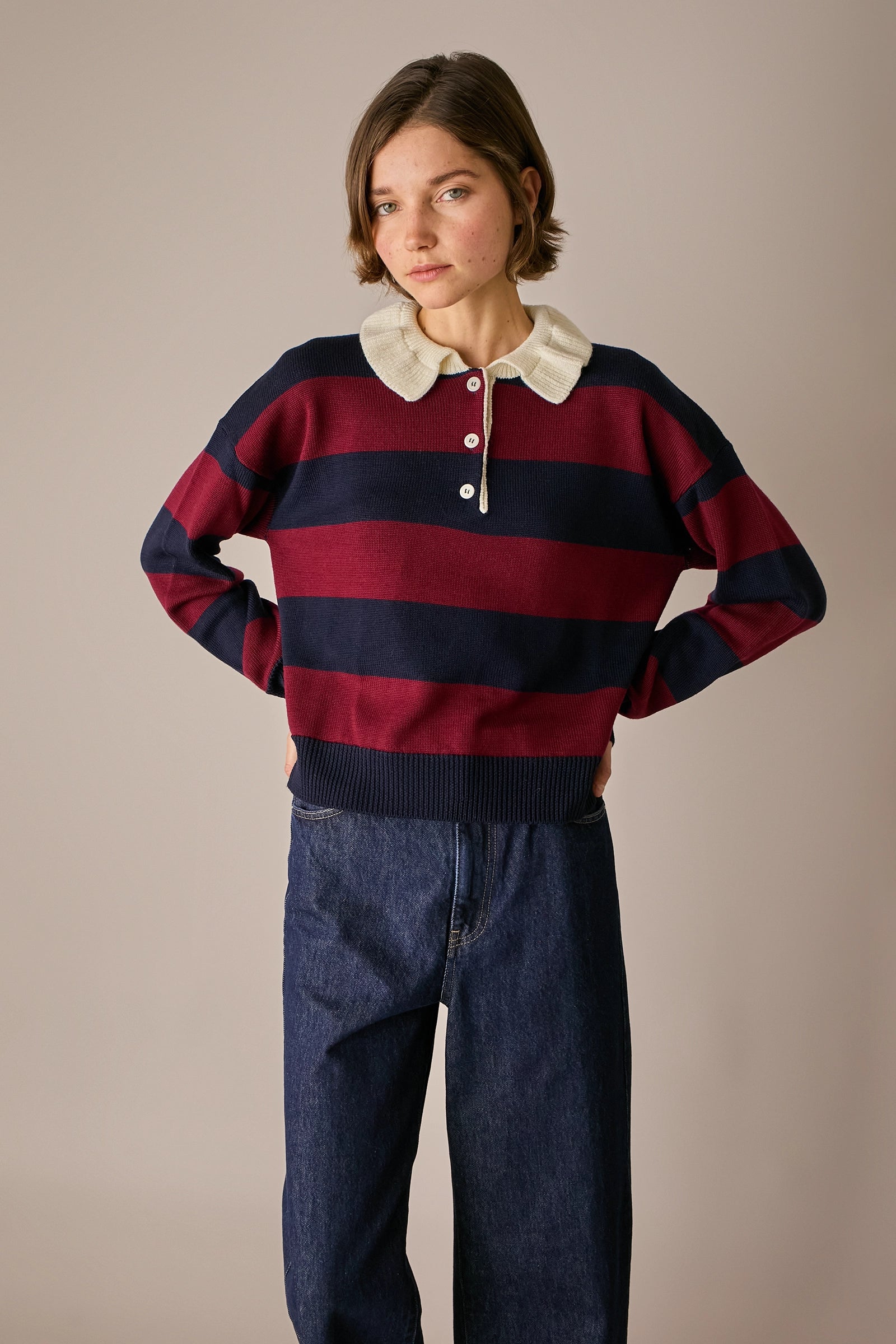 polo rugby il lana con colletto ondulato, spalle scese, bordeaux - blu