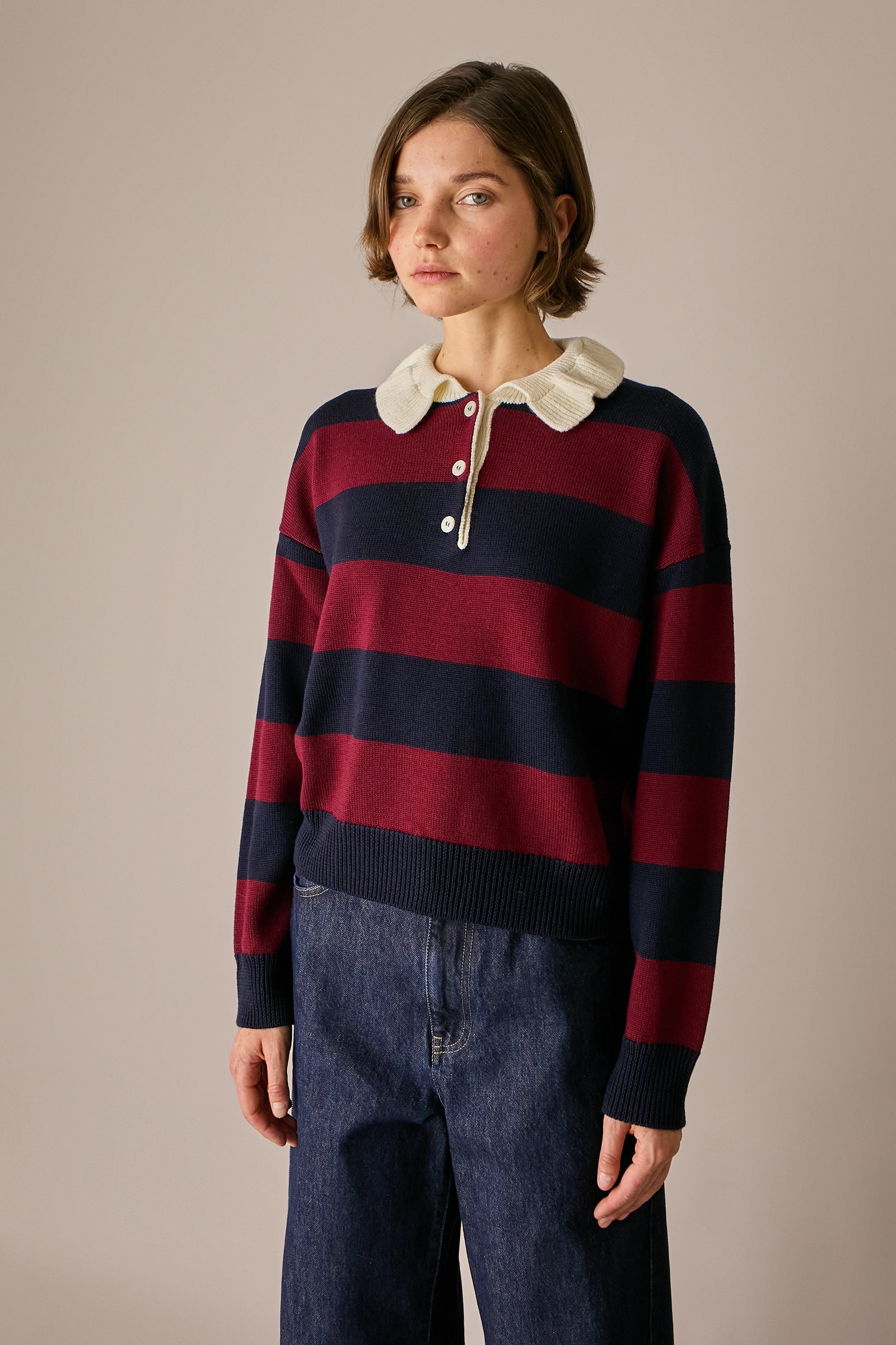 polo rugby il lana con colletto ondulato bordeaux - blu, colletto a polo, spalle scese