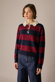 polo rugby il lana con colletto ondulato bordeaux - blu, colletto a polo, spalle scese