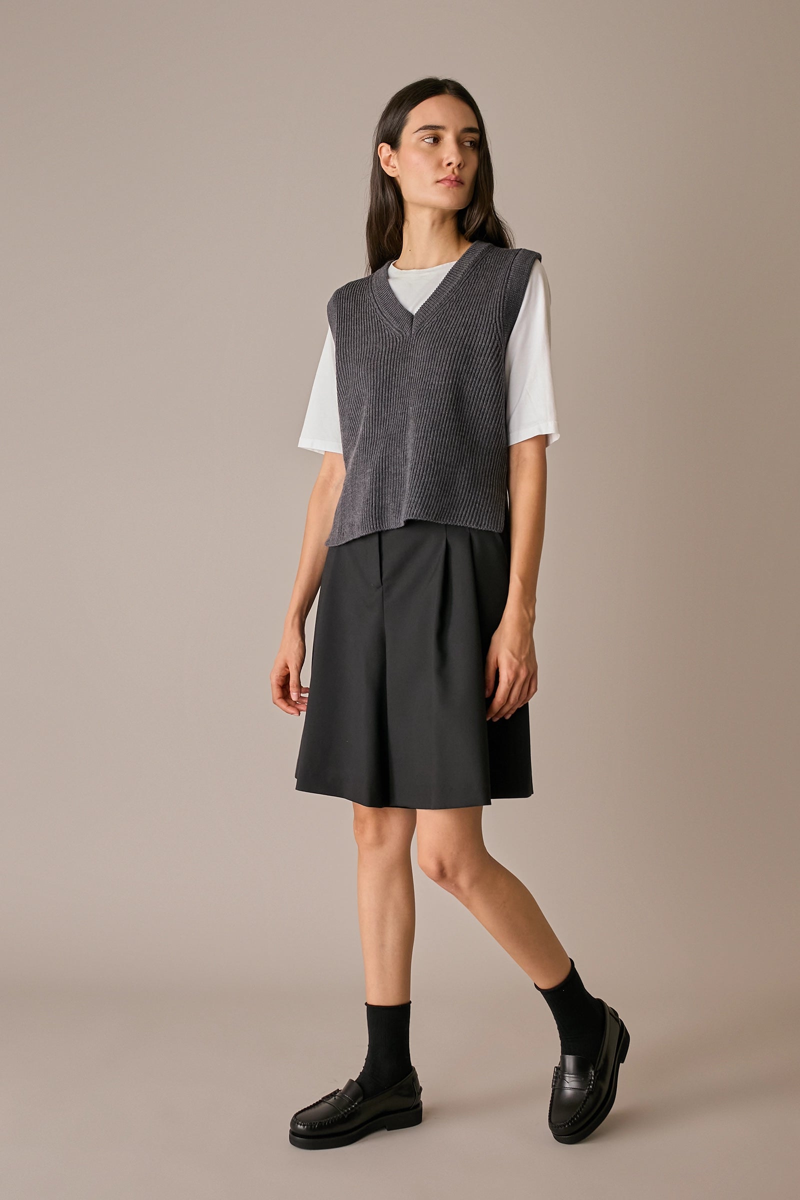 gilet con scollo a v in lana a costine, scollo a v, grigio scuro