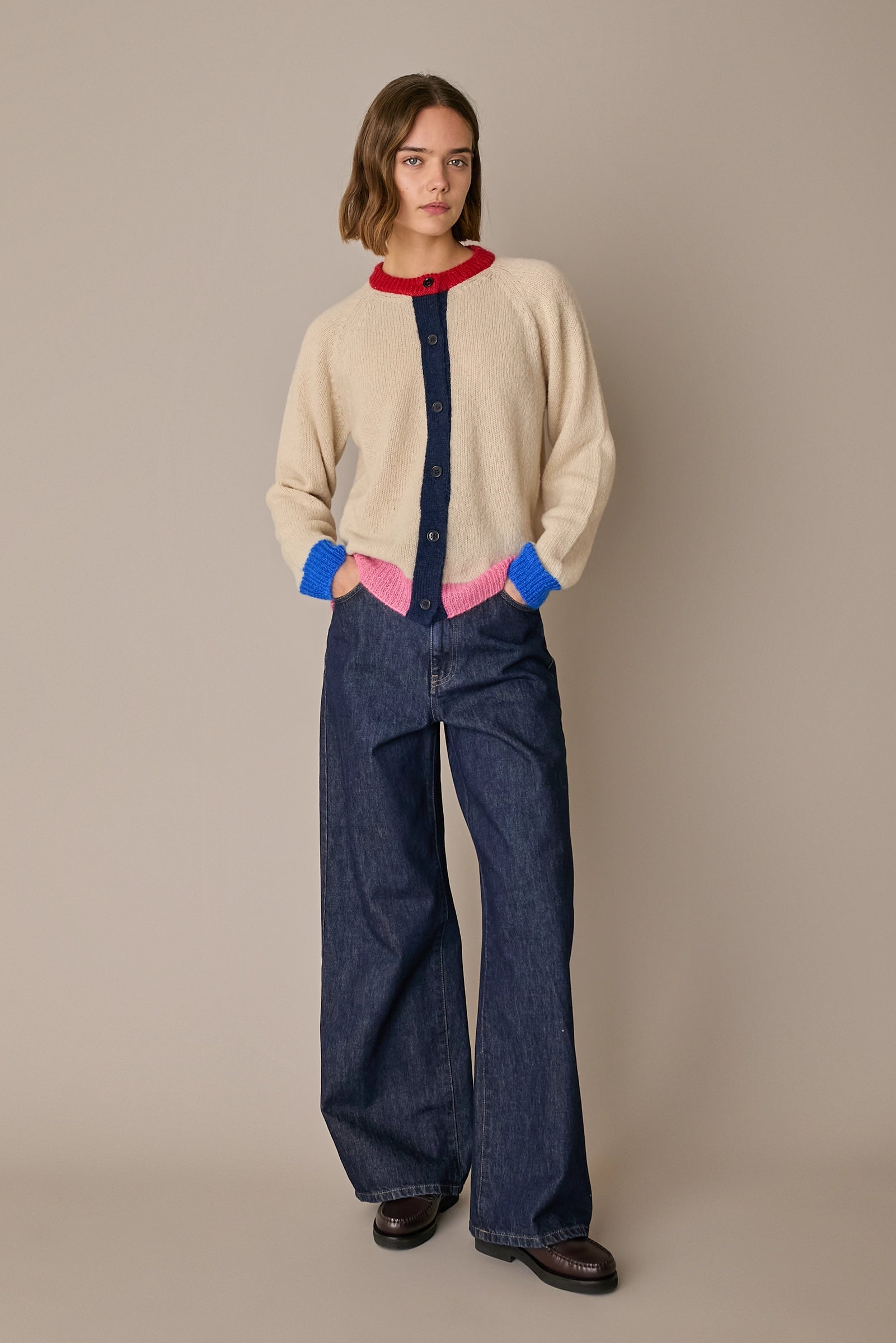 Alpaca blend color-block cardigan