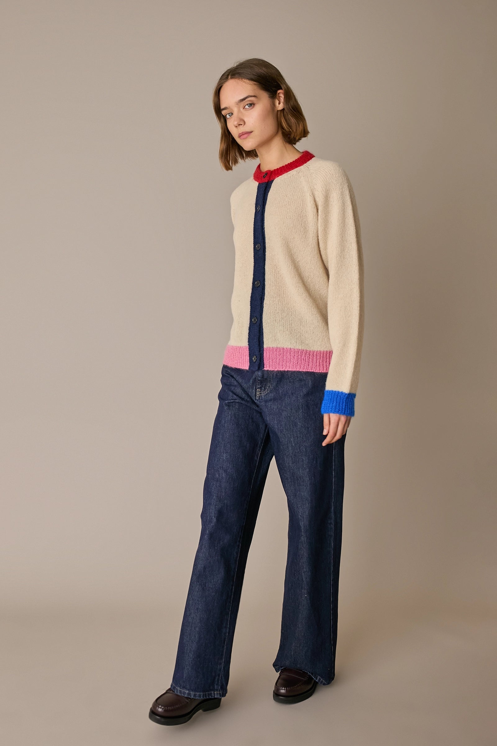 Alpaca blend color-block cardigan