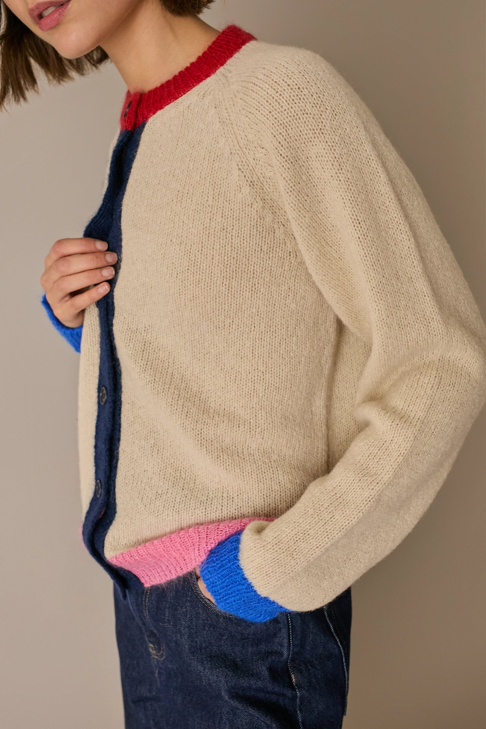 Alpaca blend color-block cardigan