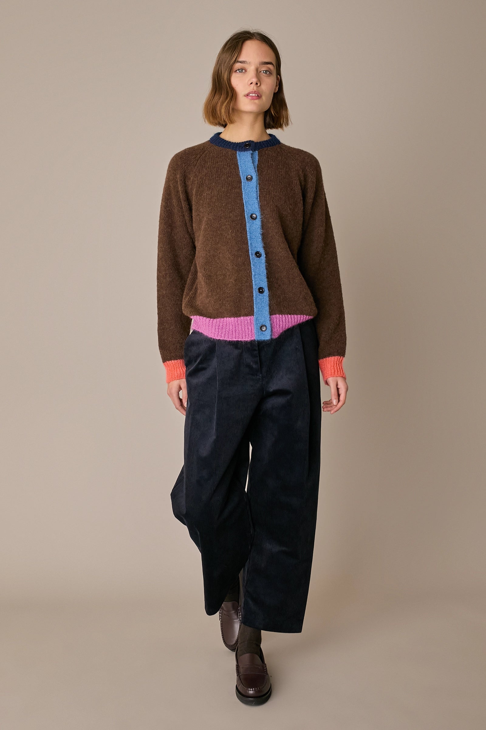 Alpaca blend color-block cardigan